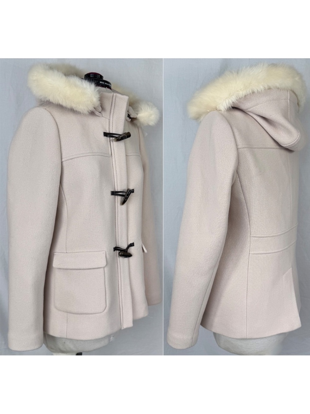 TALBOTS Size 4 Ivory Wool Blend Faux Fur Trim Detachable Hood Toggle Coat Jacket - Picture 3 of 10